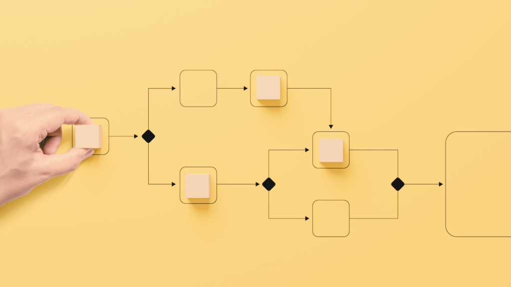 an image of a person's hand creating a workflow with lines and wooden cubes