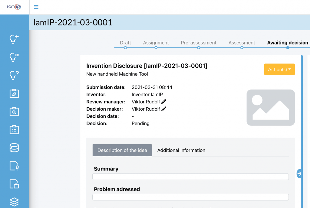 screenshot of the iamip platform showing an invention disclosure