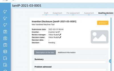 screenshot of the iamip platform showing an invention disclosure