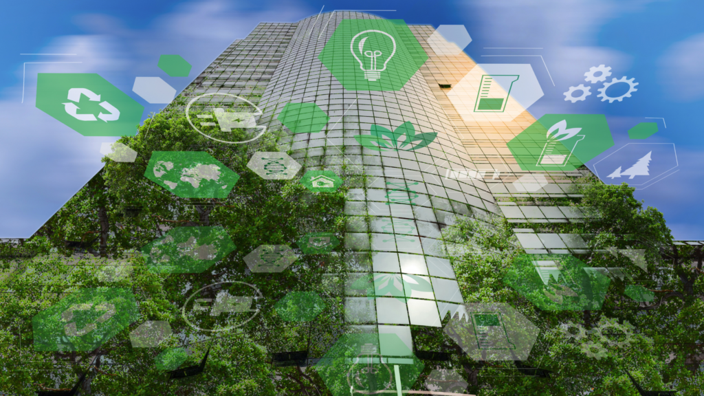 imagie showing a green bulding with every aspect of sustainability